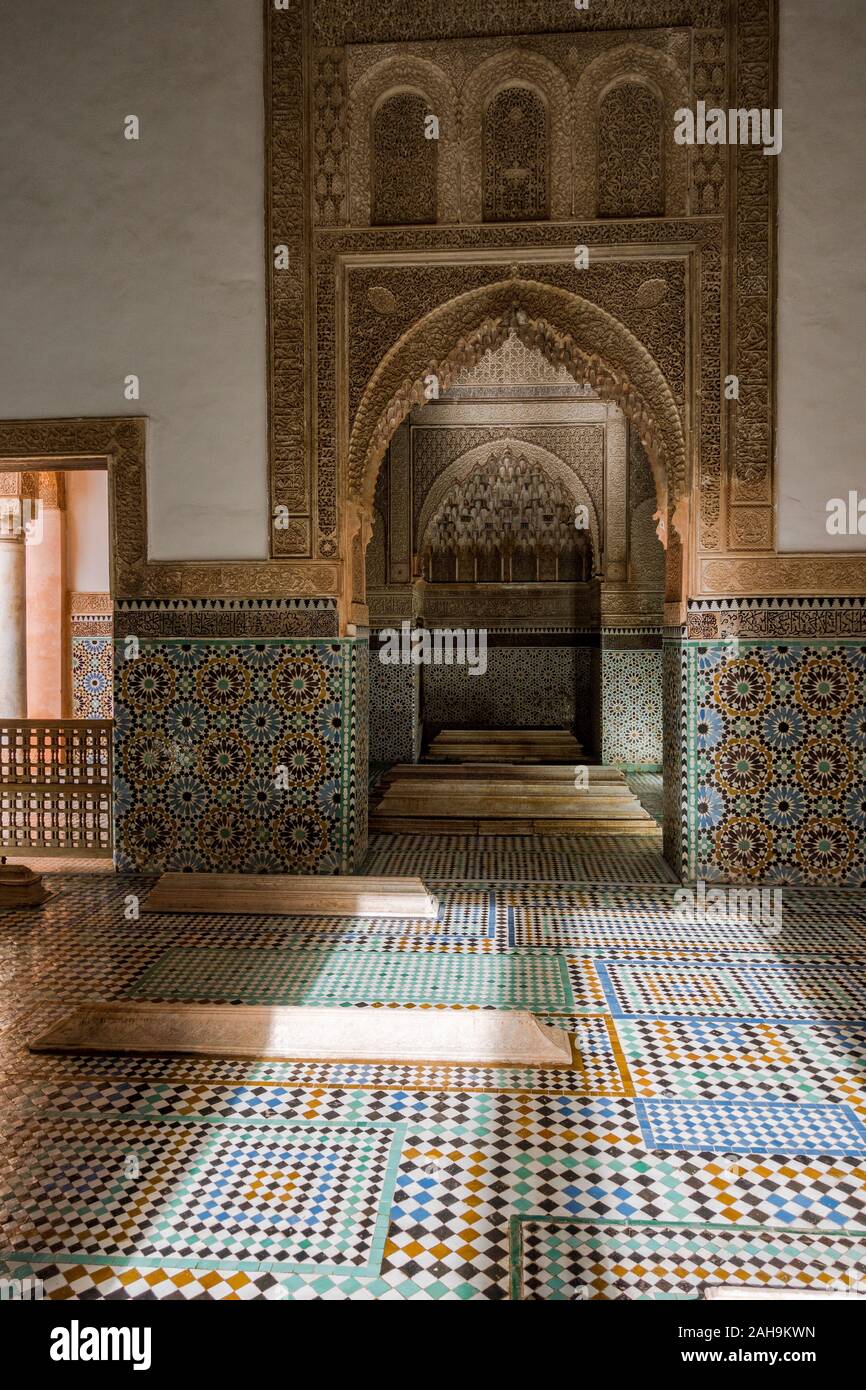 Camera di sepoltura di Lalla Messaouda, Tombe Saadiane in Marrakech, Marocco Foto Stock