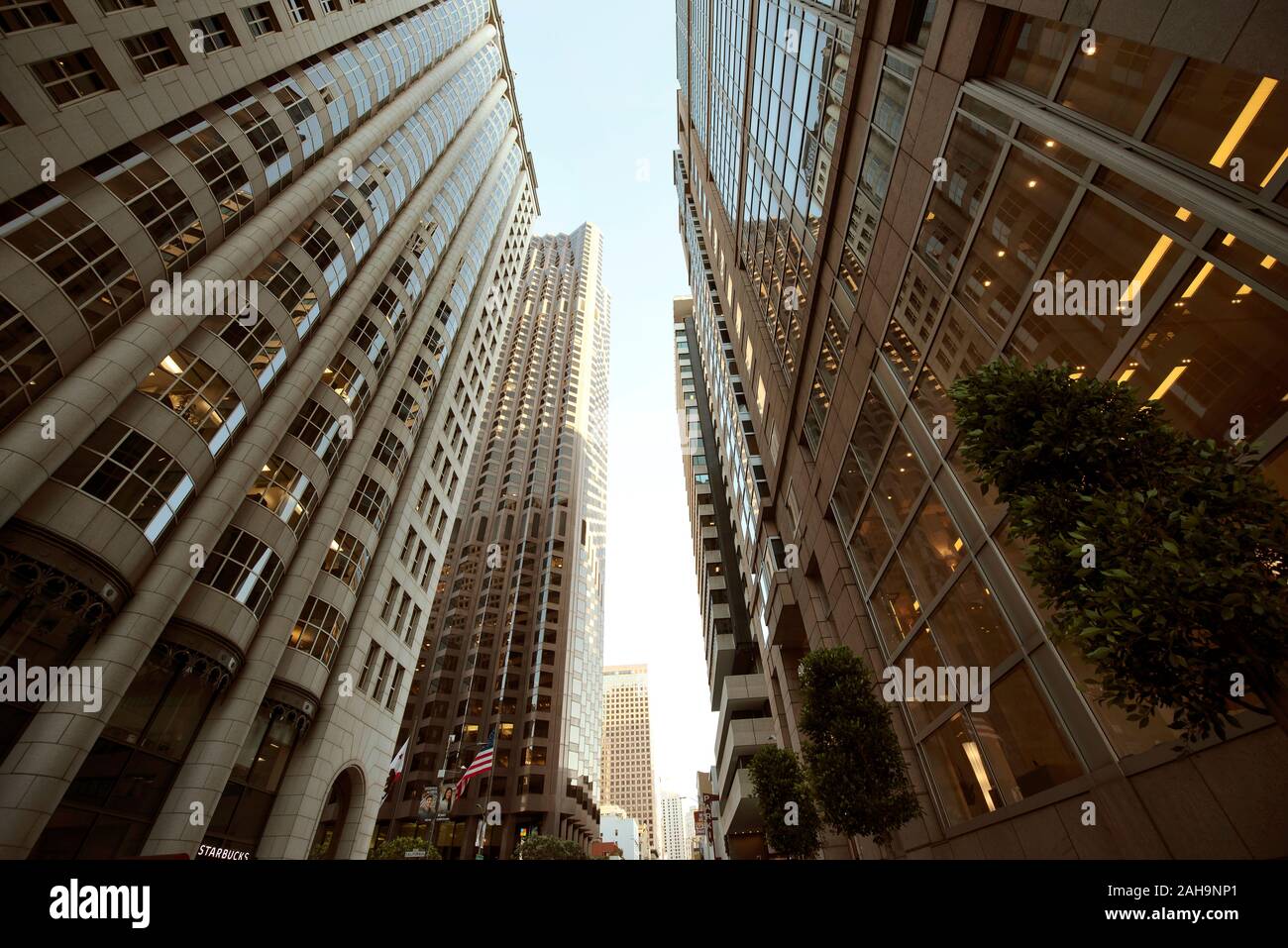 Edifici a torre vista da Kearny Street incl. 600 e 555 California Street (a sinistra). Il quartiere finanziario di San Francisco, California, Stati Uniti d'America Foto Stock