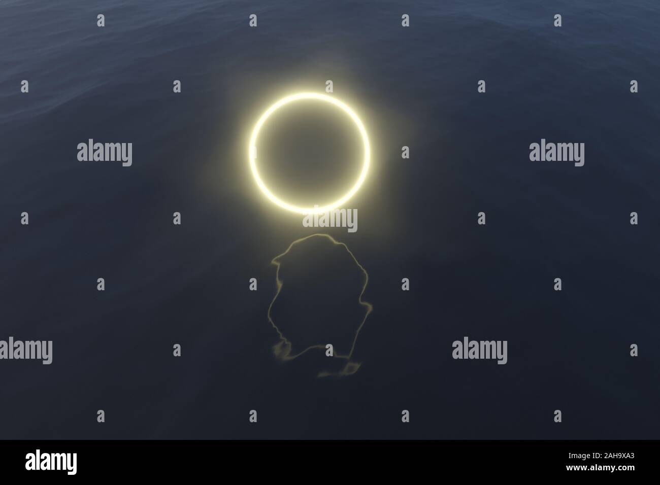 Telaio incandescente galleggiante sul lago la sera, rendering 3d. Calcolatore disegno digitale. Foto Stock