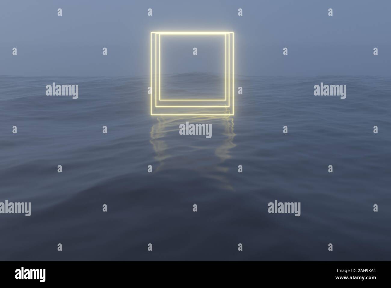 Telaio incandescente galleggiante sul lago la sera, 3d rendering.Computer disegno digitale. Foto Stock