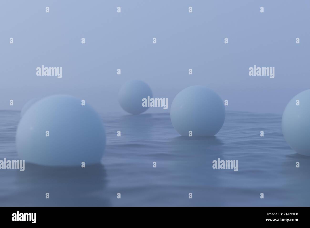 Palle bianche galleggiante sul lago , il rendering 3d. Calcolatore disegno digitale. Foto Stock