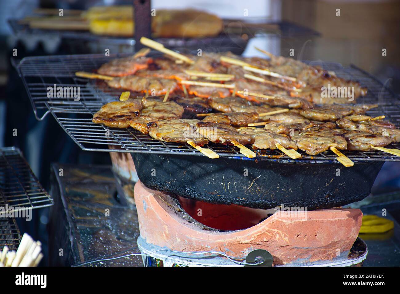 Grigliata di carne di maiale marinato con salsa di Spiedini e piccolo sulle griglie di acciaio con il calore. Foto Stock