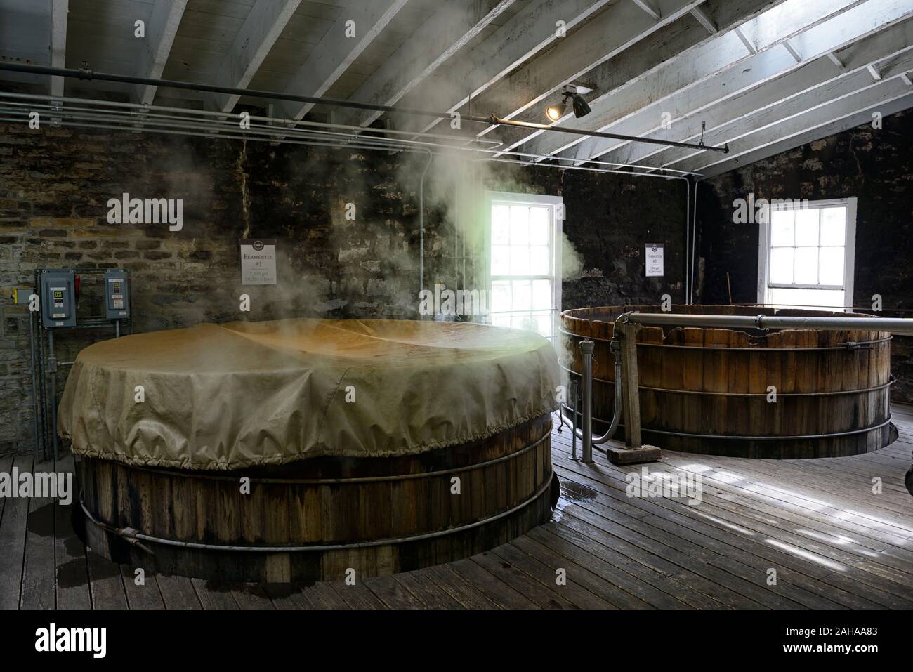 Mash,mashing,mash tun,borbone produzione,vapore,fermentatore,recipiente di fermentazione,legno,vasca in legno,Woodford Reserve Distillery,borbone,Kentucky bourbon,bour Foto Stock