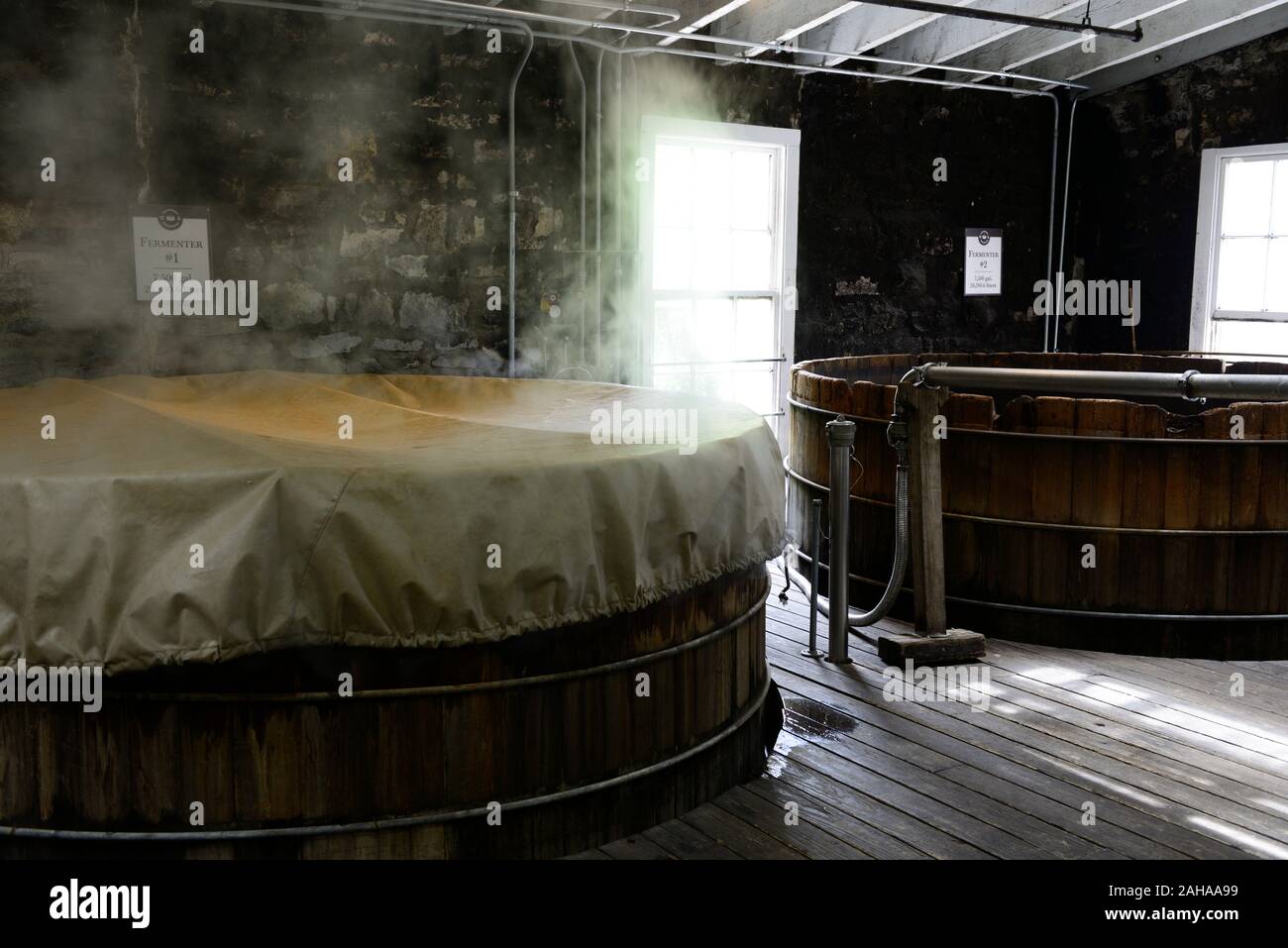 Mash,mashing,mash tun,borbone produzione,vapore,fermentatore,recipiente di fermentazione,legno,vasca in legno,Woodford Reserve Distillery,borbone,Kentucky bourbon,bour Foto Stock
