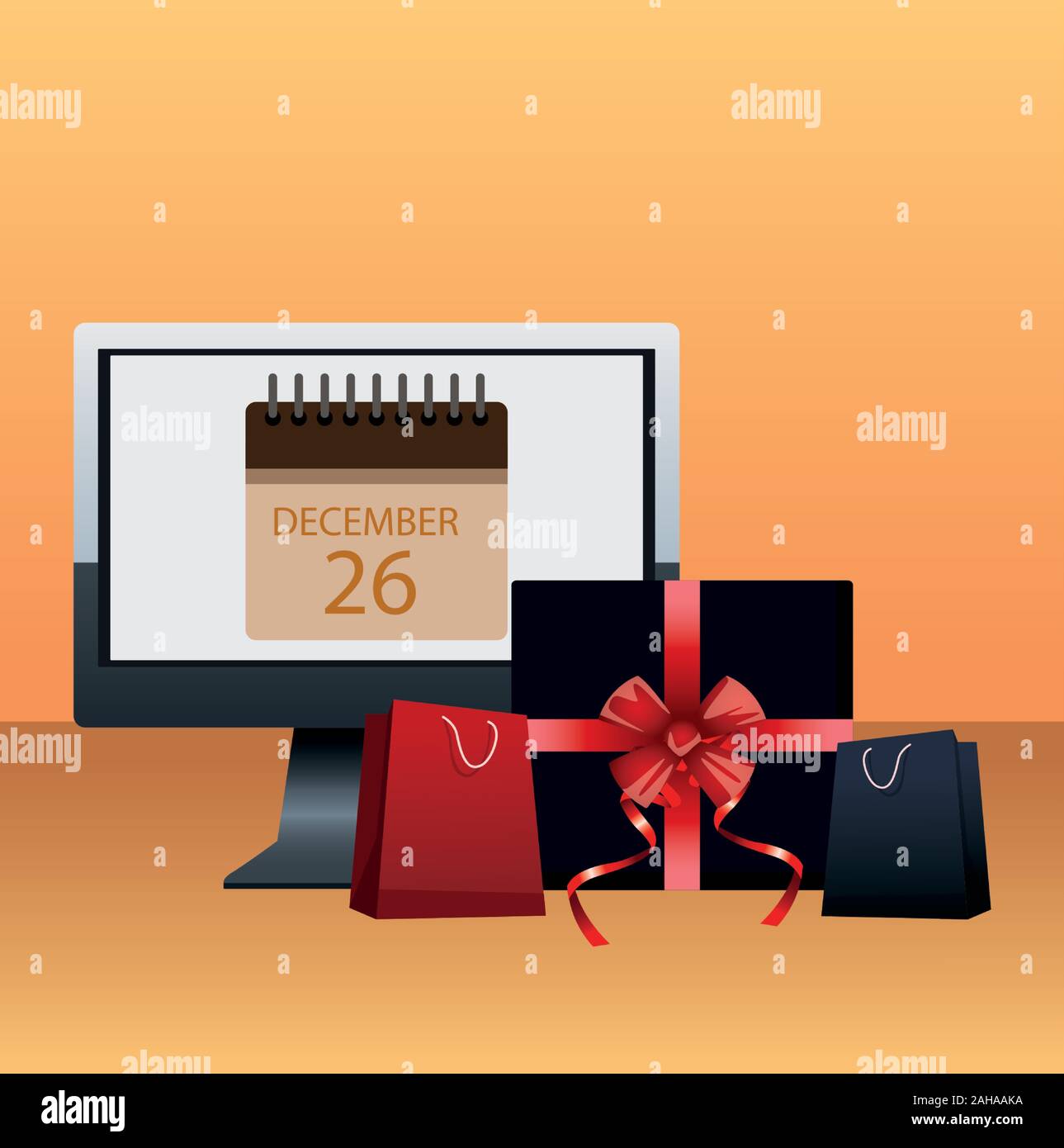 Computer, confezione regalo e borse per lo shopping, boxe vendita design Illustrazione Vettoriale