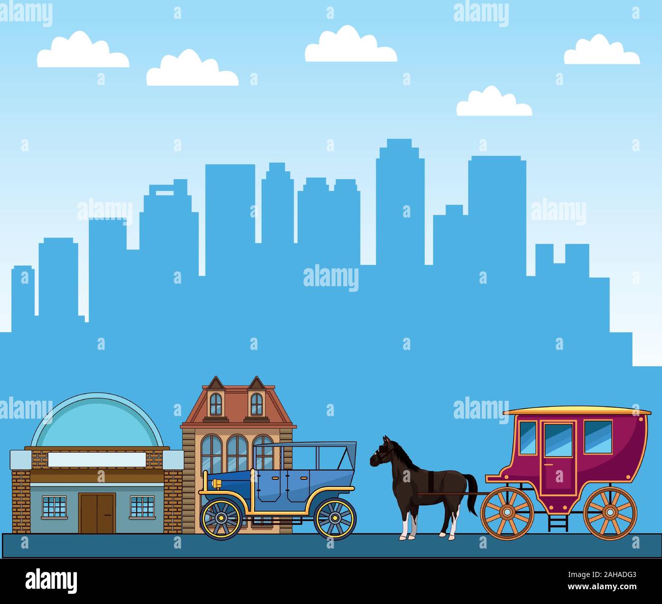 Edifici classici e cavalli carrello sopra urbano per la città sullo sfondo Illustrazione Vettoriale