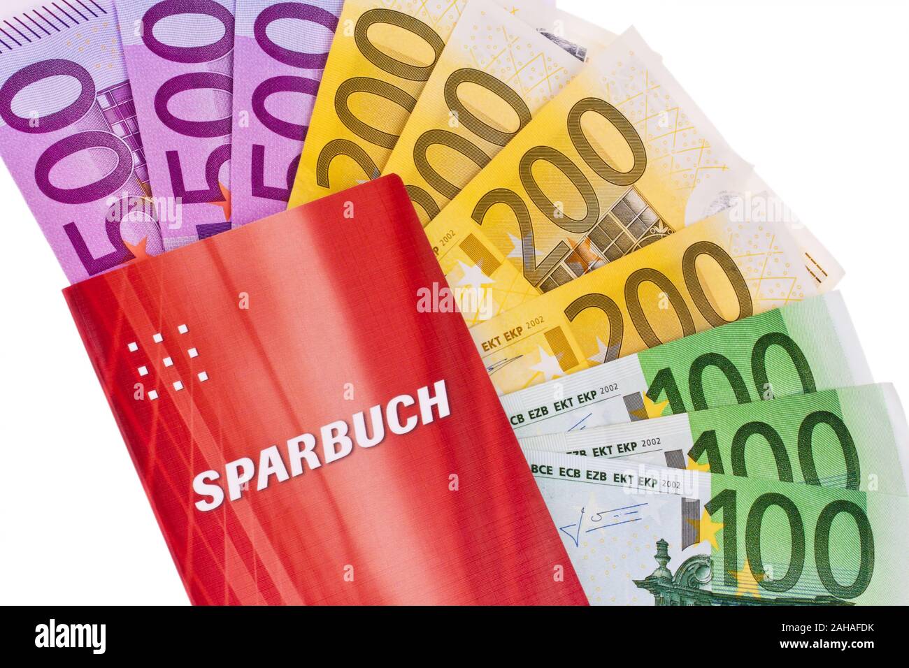 Sparbuch mit Euro Banknoten Foto Stock