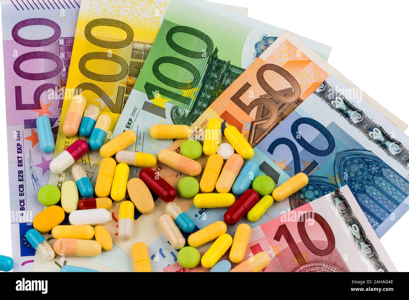 Verschiedene Tabletten, Kosten, Geld, Euro, Gesundheitswesen, Krankenhasse, Medizin, Pillen, Foto Stock