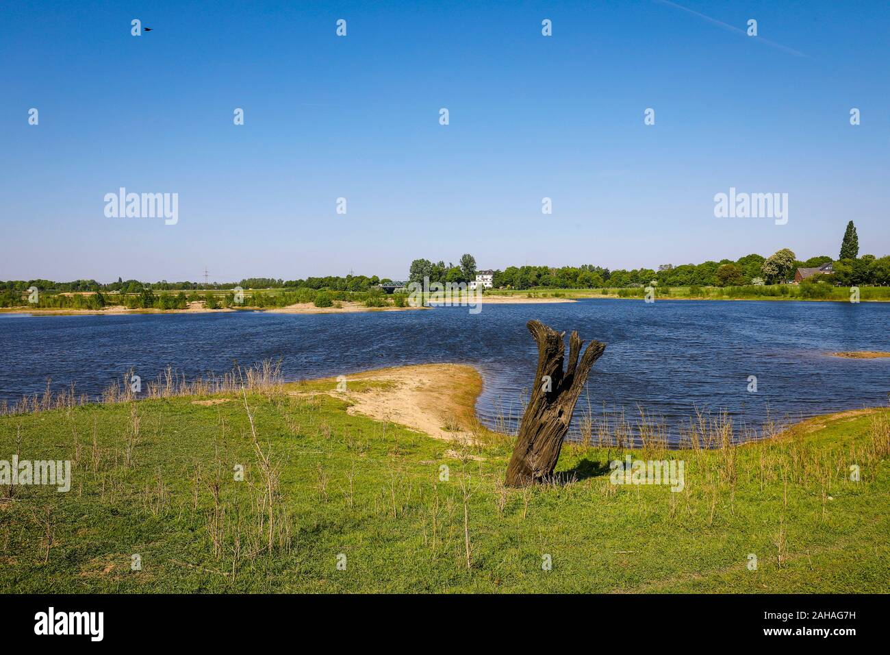 04.05.2019, Wesel, Renania settentrionale-Vestfalia, Germania - Lippe, la nuova area di aree inondabili, vista a monte nella direzione di Ponte Willy-Brandt-Straße a t Foto Stock