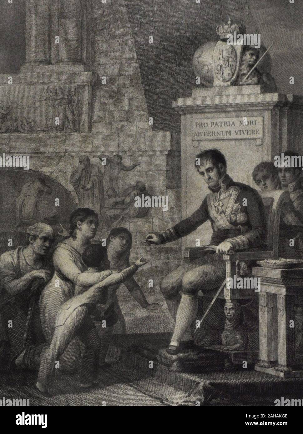 Ferdinando VII (1784-1833). Re di Spagna (1808-1833). Ferdinando VII la desiderata in memoria e onore delle vittime illustri del 2 maggio 1808. Disegno di Jose Ribelles y Helip (1778-1835). Incisione di Blas Ametller Rotilam (1768-1841), 1814-1818. Incisione e buril. Museo del Romanticismo. Madrid. Spagna. Foto Stock