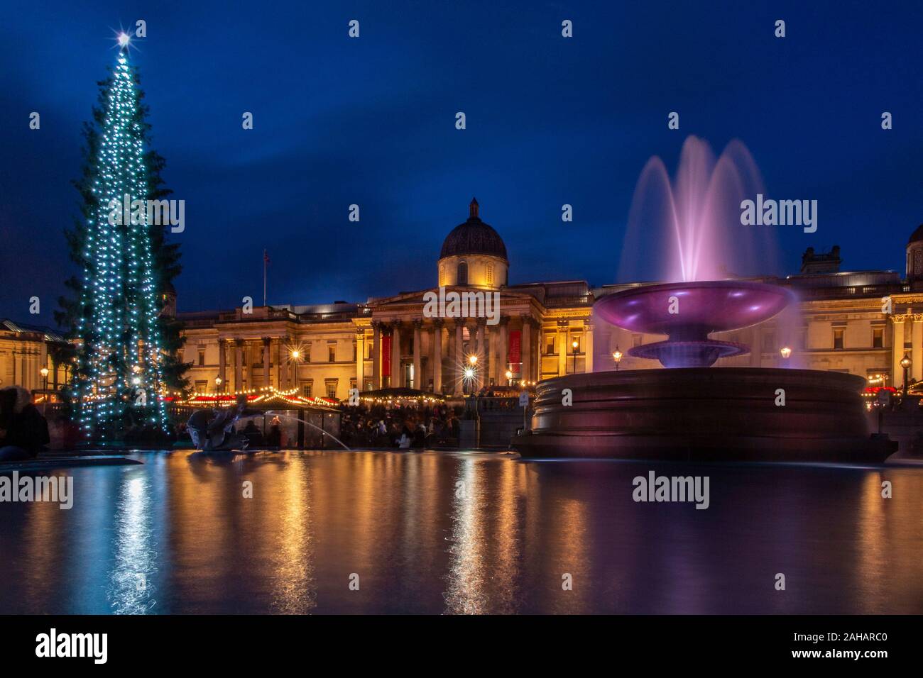 Nel tardo pomeriggio appena prima di Natale in Trafalgar Square con il gigante norvegese di albero di Natale donati al Regno Unito ogni anno dalla Norvegia Foto Stock