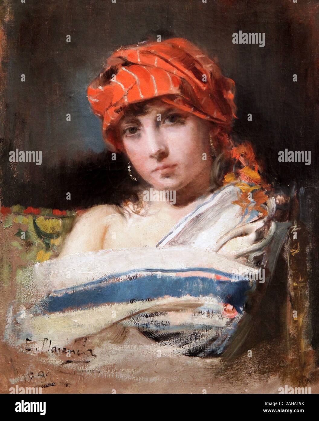 Ragazza in sciarpa rossa / testa studio di Casto Plasencia Maestro (1845-1890) Foto Stock