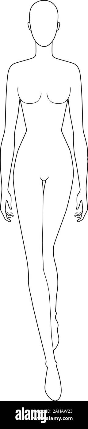 Modello di moda di lady a piedi con le linee principali. 9 dimensioni di testa per il disegno tecnico. Donna di figura vista frontale. Profilo di vettore ragazza modello per schizzo di moda e illustrazione. Illustrazione Vettoriale