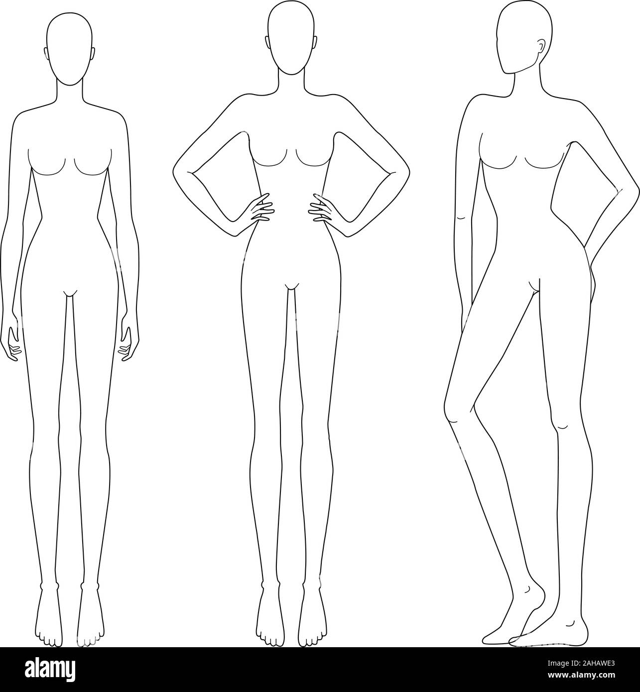 Modello di moda delle donne in diversi pone permanente. 9 dimensioni di testa per il disegno tecnico. Signora figura vista frontale. Profilo di vettore ragazza per schizzo di moda e illustrazione. Illustrazione Vettoriale