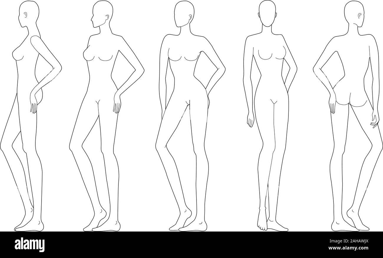 Modello di moda di lady permanente. 9 dimensioni di testa per il disegno tecnico. Donna di figura frontale, posteriore e laterale. Profilo di vettore ragazza modello per schizzo di moda e illustrazione. Illustrazione Vettoriale