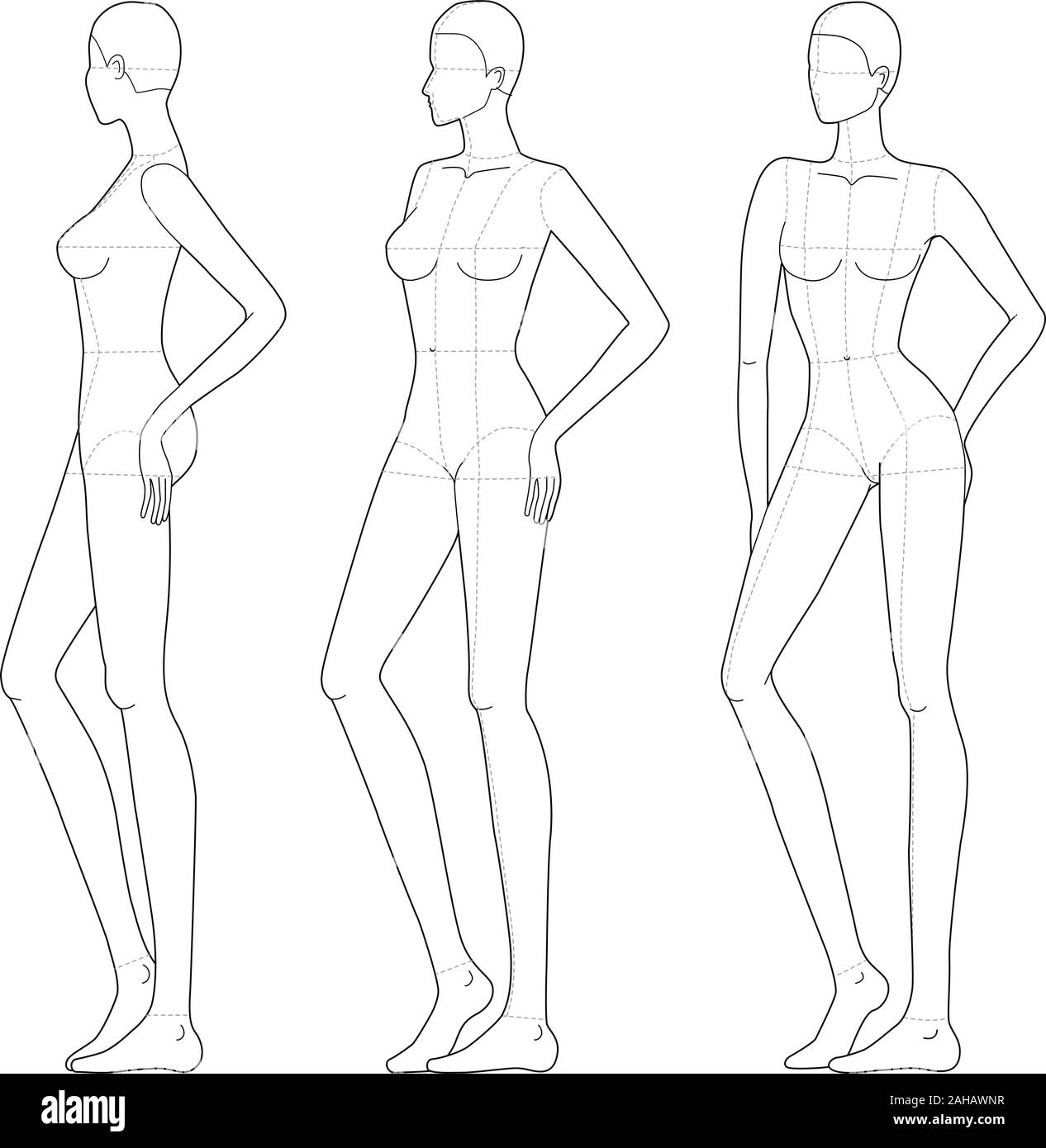 Modello di moda delle donne in pose permanente. 9 dimensioni di testa per il disegno tecnico con le linee principali. Signora figura vista anteriore e laterale. Profilo di vettore ragazza per schizzo di moda e illustrazione. Illustrazione Vettoriale