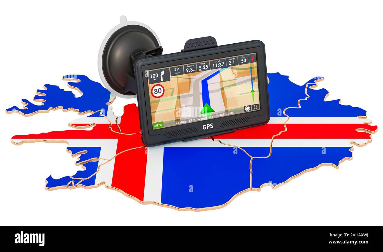 La navigazione GPS in Islanda, rendering 3D isolati su sfondo bianco Foto Stock