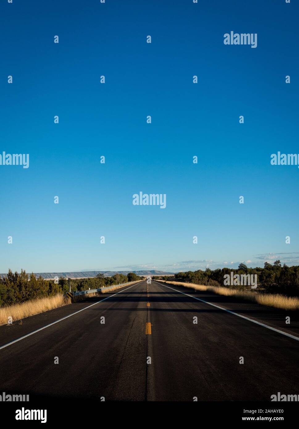 Vecchio e solitaria Route 66 in Arizona vicino Seligman sulla giornata di sole che conduce all'orizzonte. Via rettilinea colpo di strada Madre con il blu del cielo e le ombre. Montare Foto Stock