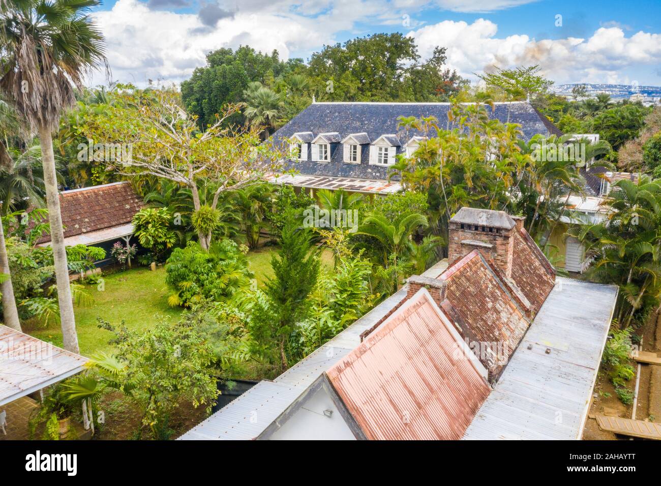 Eureka La Maison Creole House e giardini, vista aerea, Moka, Montagne Ory, Oceano Indiano, Mauritius Foto Stock