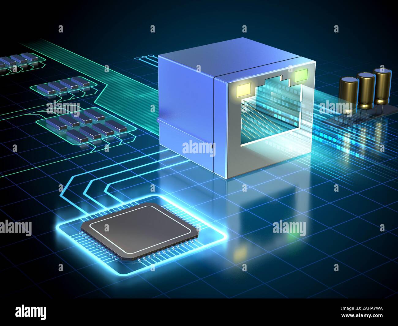 Porta Ethernet gestito da un potente processore. 3D'illustrazione. Foto Stock