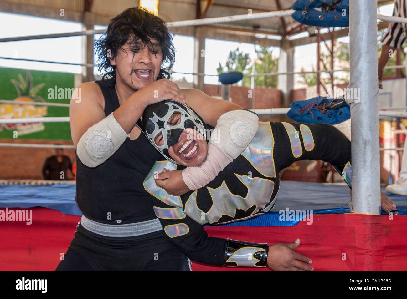 Lottatori in azione durante la mostra di El Alto.Wrestling show di El Alto da donne in costumi tradizionali noti come "Cholitas" frase sprezzanti contro donne boliviano che con questa mostra intende rivalutare l identità e il ruolo importante delle donne nella società dimostrando che essi possono combattere lo stesso e anche meglio di ragazzi. Foto Stock