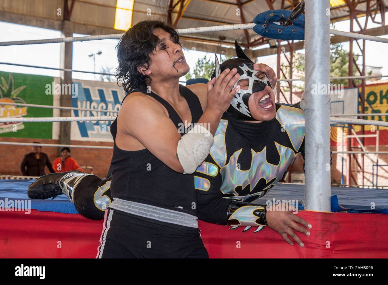 Lottatori in azione durante la mostra di El Alto.Wrestling show di El Alto da donne in costumi tradizionali noti come "Cholitas" frase sprezzanti contro donne boliviano che con questa mostra intende rivalutare l identità e il ruolo importante delle donne nella società dimostrando che essi possono combattere lo stesso e anche meglio di ragazzi. Foto Stock