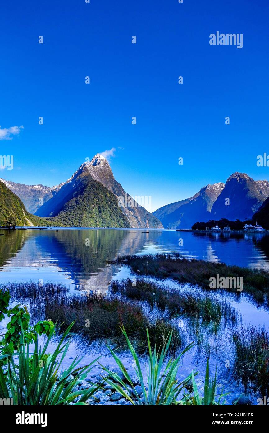 Le acque calme e picchi drammatici di Milford Sound nel telecomando Fiordland regione nel sud ovest dell'Isola Sud della Nuova Zelanda Foto Stock