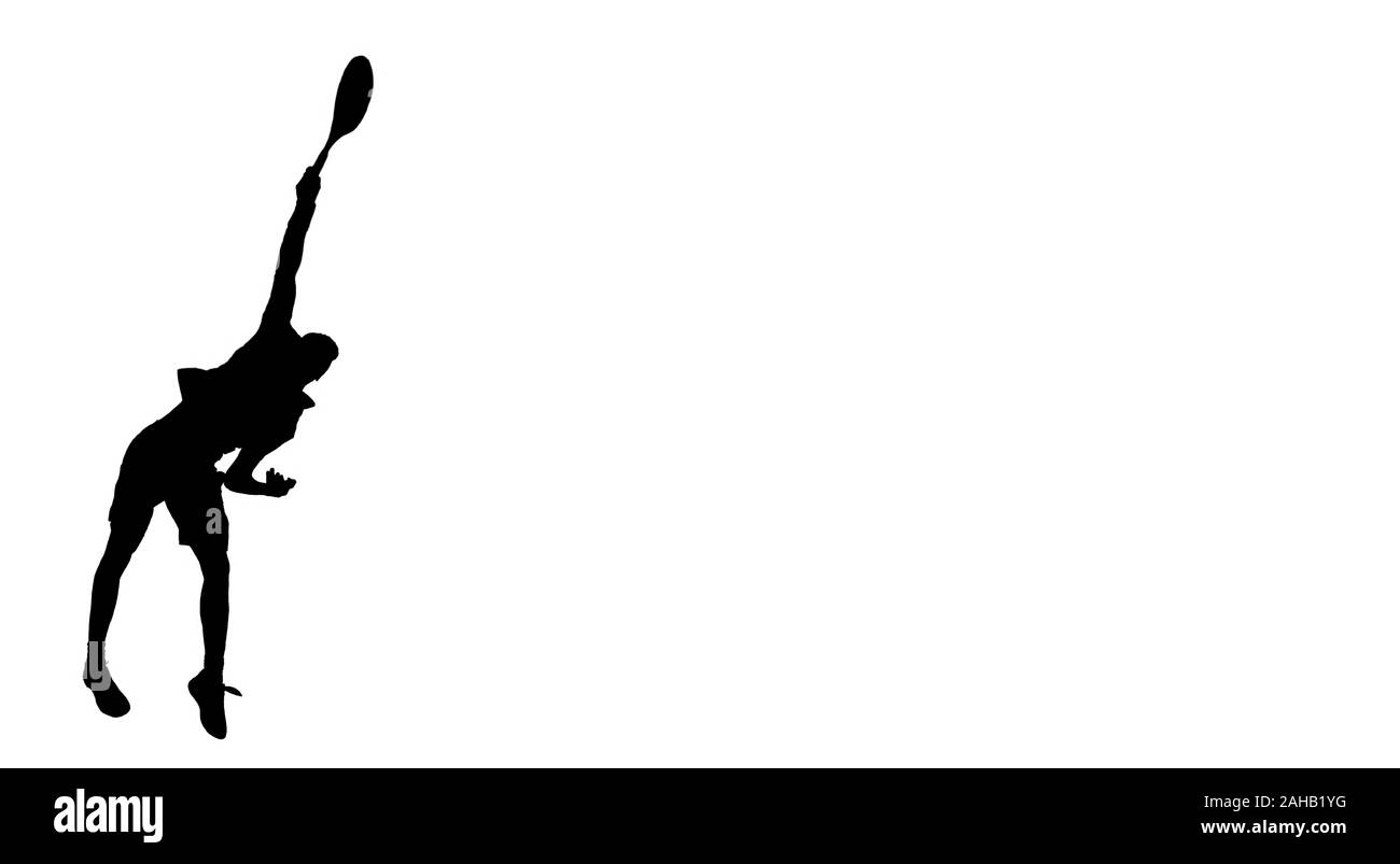 Un giocatore di tennis con una racchetta in mano destra accarezzare una palla. Silhouette ombra nera. Design concept di tennis Foto Stock