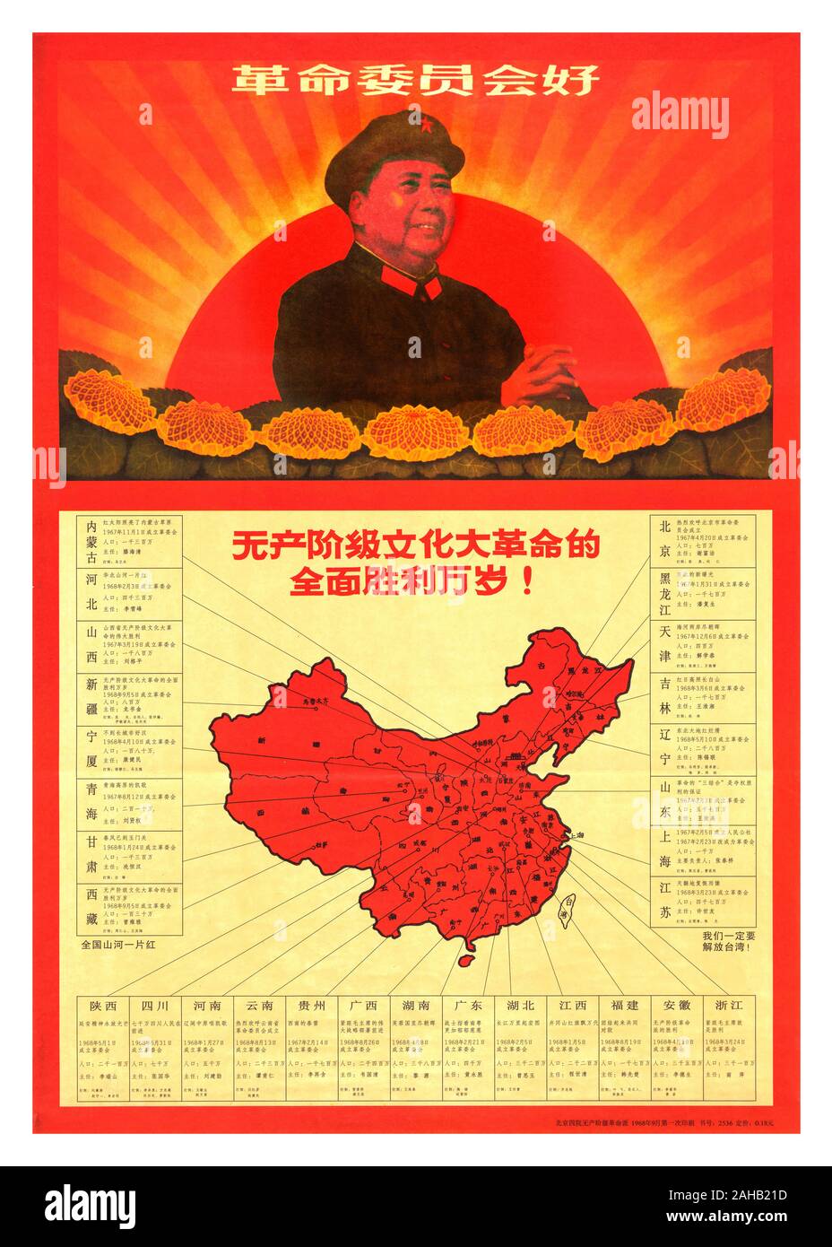 Vintage anni sessanta Mao Poster mappa celebra il momento in cui il 5 settembre 1968, quando la massa 'Seize Power' movimento della Rivoluzione Culturale riuscì a costringere la sostituzione di governi riconosciuti da "comitati rivoluzionari' negli ultimi due della Cina le 29 regioni amministrative, le province della Cina in Tibet e nello Xinjiang. In 'gennaio Storm' del 1967, le forze della Rivoluzione Culturale rovesciò il Shanghai Municipal Government e sostituito con un "gente comune dell'. Mao conseguente approvazione del rovesciamento iniziò un violento movimento di massa organizzazioni rivoluzionarie a 'Seize Potenza" Foto Stock