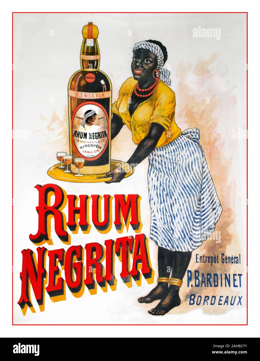 1920's Vintage PC non sessista la pubblicità a favore delle bevande per il giamaicano "Rum Negrita" che mostra un nero a piedi nudi donna che serve il vassoio di bevande in un servo stile illustrazione del tema da P Bardinet, Poster Artist Bordeaux Francia Foto Stock