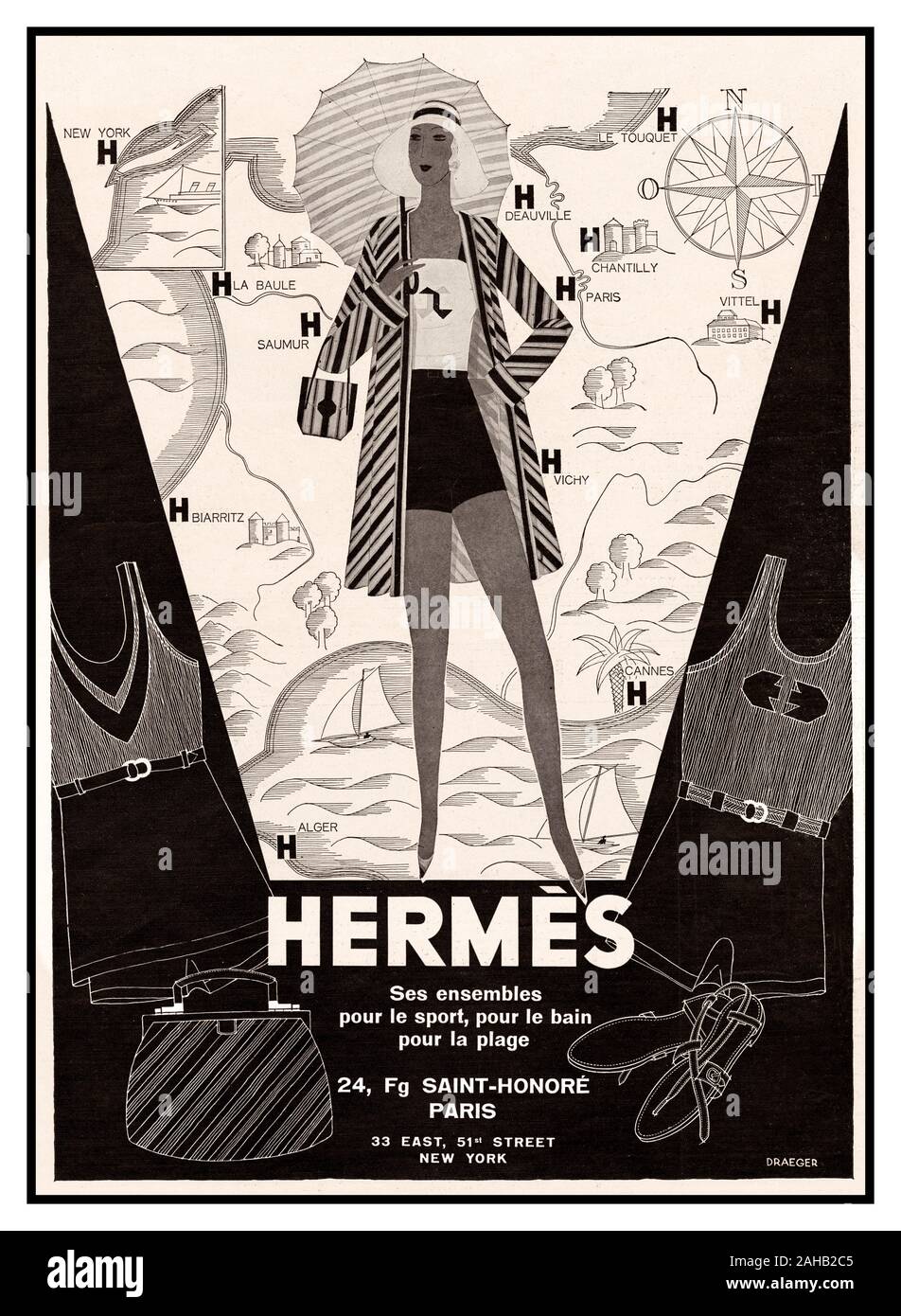 HERMÈS vintage degli anni trenta illustrazione pagina pubblicità francese per Hermès lusso abbigliamento sportswear sovrapposti su una mappa di opportuni luoghi di villeggiatura - tutte le posizioni con i negozi di Hermès (indicato da una coraggiosa lettera 'H'). In Francia l'illustrazione Magazine Pubblicazione, Giugno 7, 1930 Parigi e New York Foto Stock