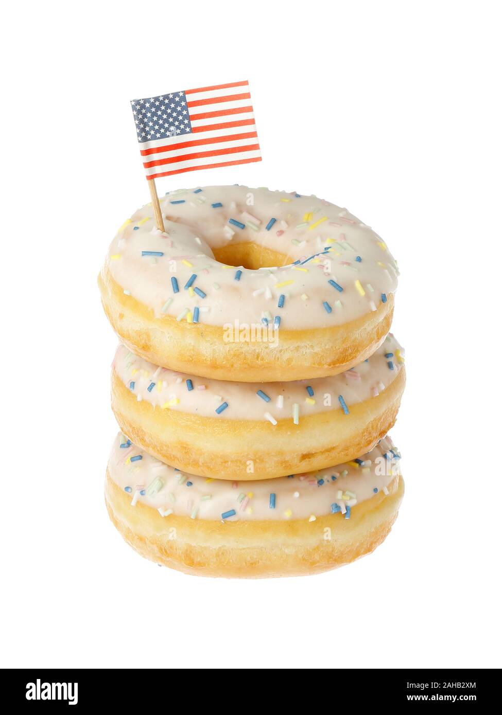 Impilati dounts vetrata con una bandiera americana isolato su sfondo bianco. Foto Stock