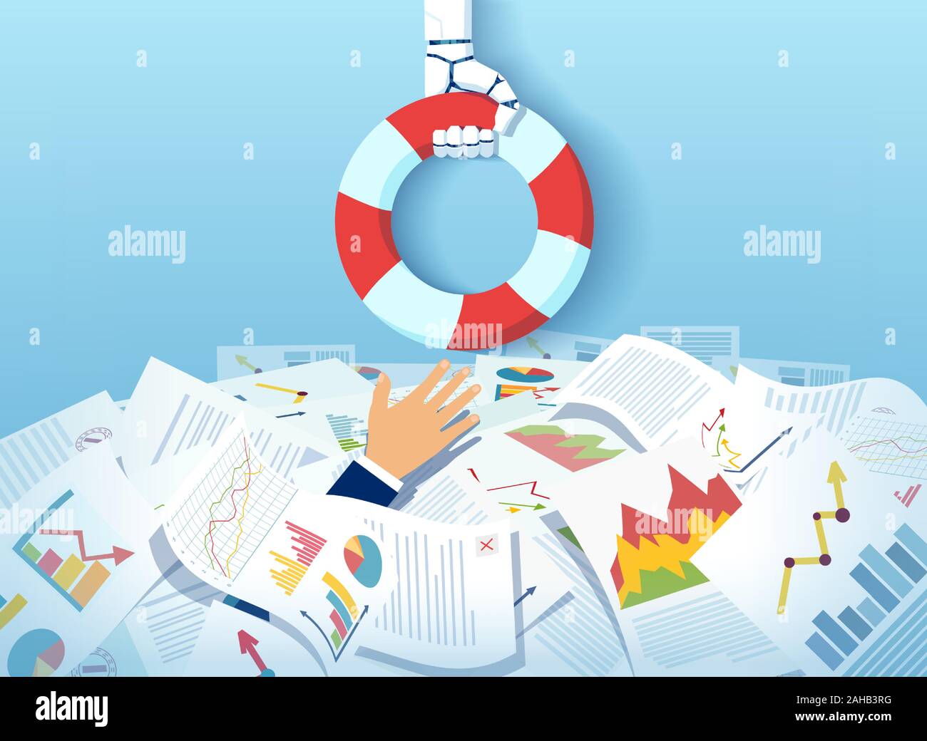 Vettore di una mano di robot con un salvagente tendere una lifeline aiutando annegando in una pila di carte imprenditore Illustrazione Vettoriale