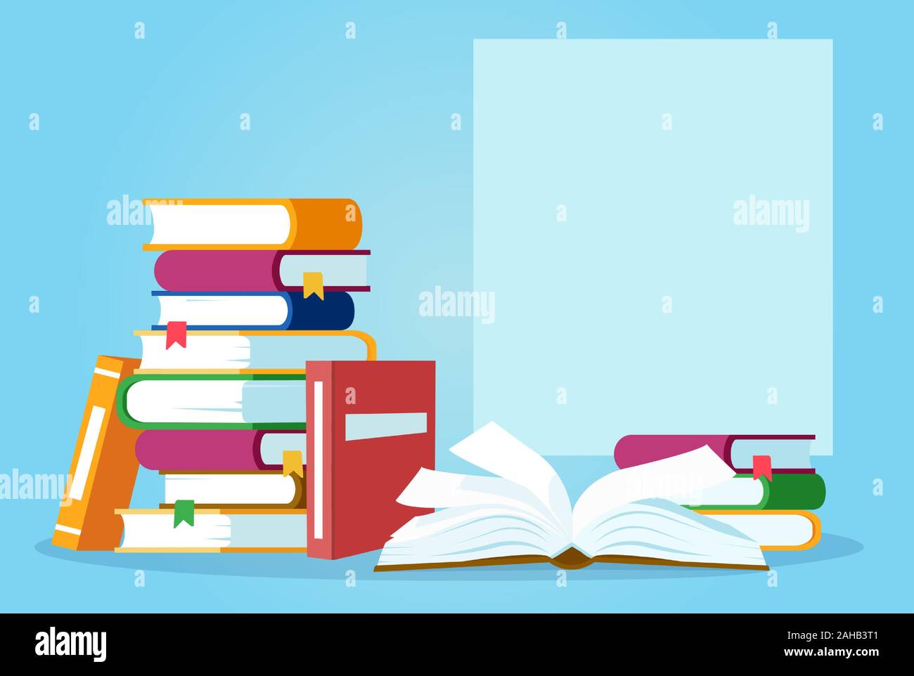 Vettore di un libro aperto e la pila di libri su sfondo blu Illustrazione Vettoriale