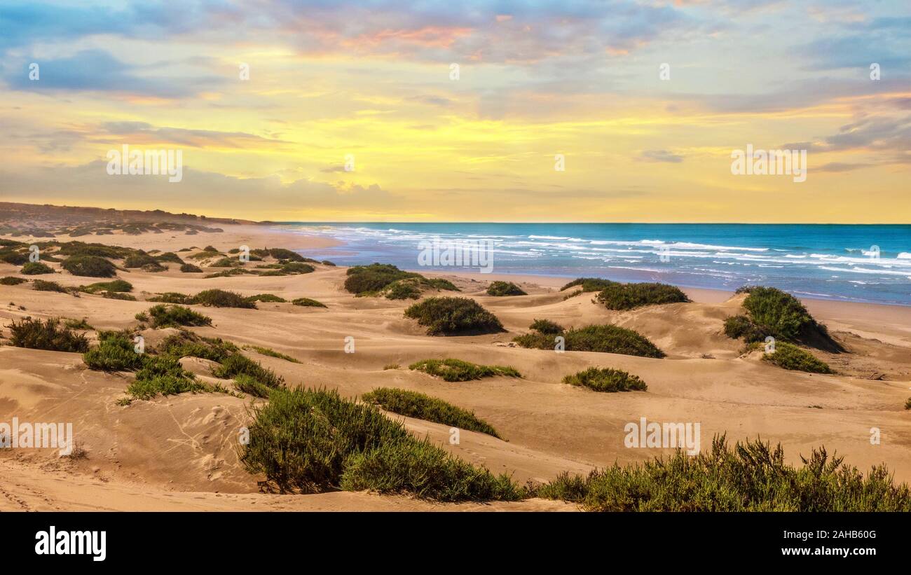 Paesaggio al tramonto a Agadir, Marocco, dove il deserto di sabbia si trasforma in una spiaggia all'Oceano Atlantico. Foto Stock