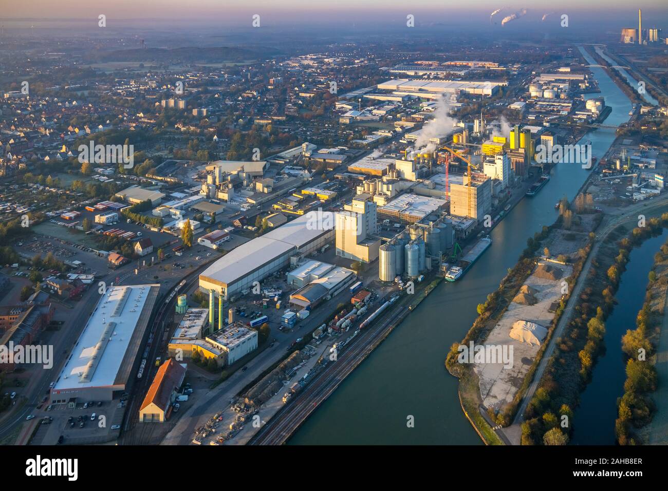 Foto aerea, martello harbour al Datteln-Hamm canal con mulino ad olio e Jäckering Brökelmann, Brölio, edificio nuovo silo, Hamm, la zona della Ruhr, Renania del Nord Foto Stock