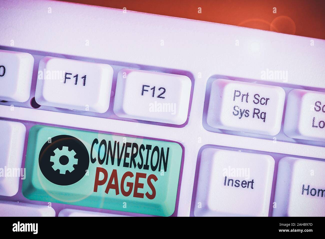 Parola di scrittura di testo pagine di conversione. Business photo vetrina compare in risposta al clic su un motore di ricerca Foto Stock