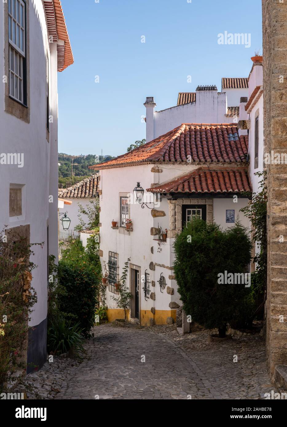 Ripida Strada nel vecchio centro medievale città murata di Obidos in Portogallo Foto Stock