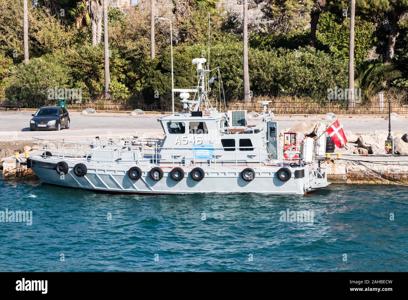 Kos, Grecia - 21 Settembre 2019: - marina greca nave ormeggiata in porto. Esso fa parte della Comunità europea di controllo delle frontiere e della flotta di guardia costiera. Foto Stock