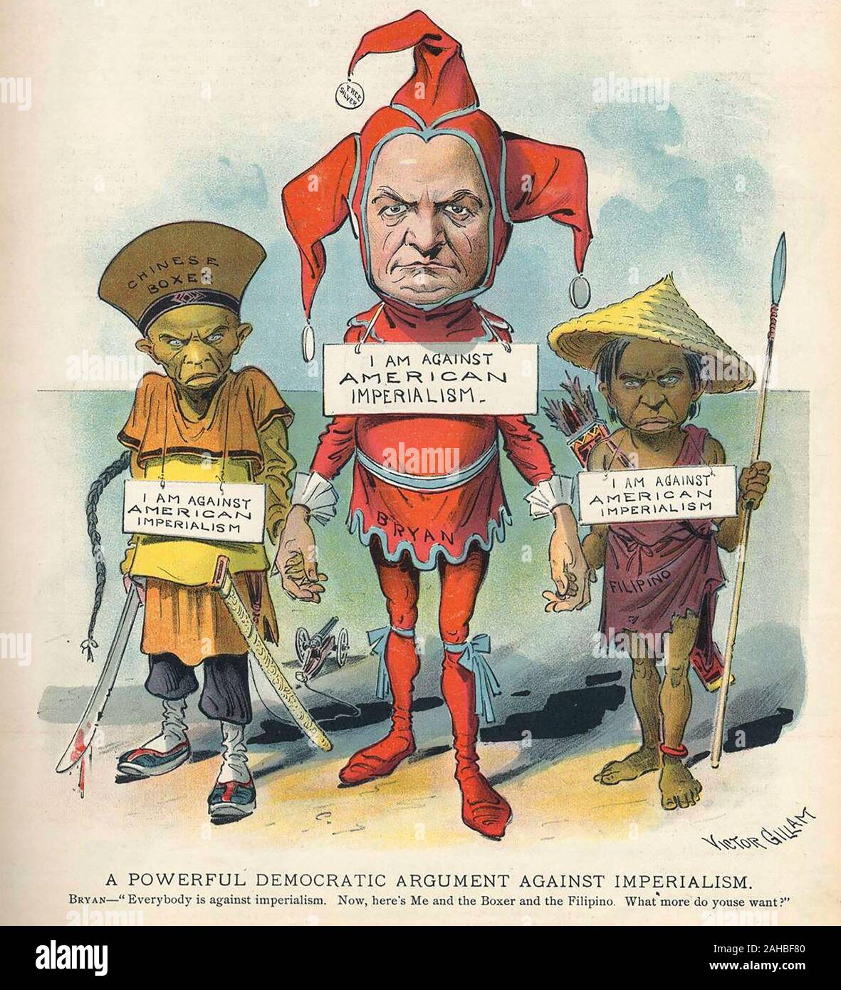 11 agosto 1900 giudice copertina cartoon. "Un potente argomento democratico contro l imperialismo'. "Bryan- 'tutti sono contro l'imperialismo. Ecco me e il Boxer e il filippino. Ciò che più si desidera youse?" caricatura mostra William Jennings Bryan vestito come un buffone che indossa un segno, "io sono contro l'imperialismo americano"; egli è affiancato da due figure sinistre con espressioni ostili indossando un segno simile; quello di sinistra è etichettato "pugile cinese' e detiene un sangue-gocciolamento spada; quello sulla destra con la dicitura "' Filippino in ragged vestiti che porta una lancia Foto Stock