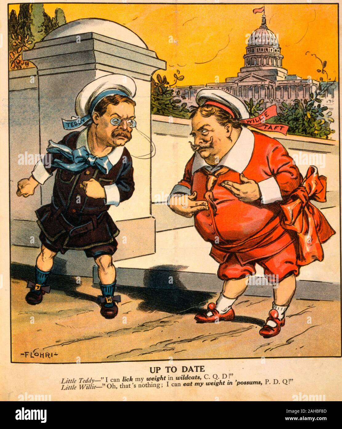 Fino alla data - Theodore Roosevelt dicendo a William Howard Taft, "Mi può leccare il mio peso in wildcats, C.Q.D!", e Taft risponde, "Oh, che nulla; posso mangiare il mio peso in 'possums, P.D.Q!' Cartoon politico, 1906 Foto Stock