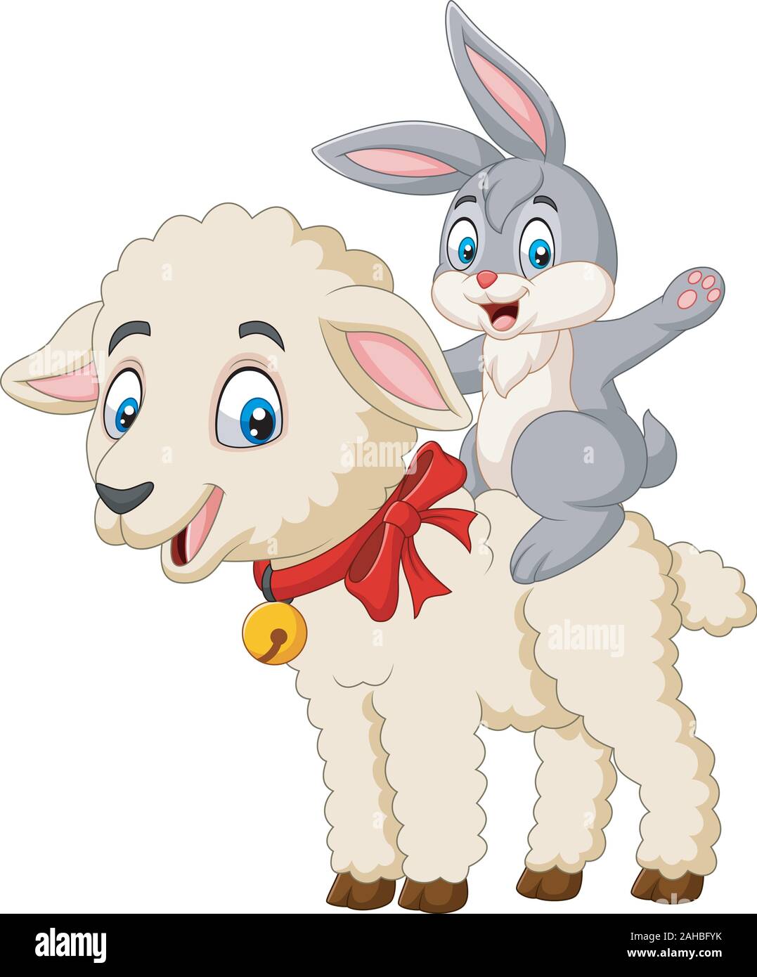 Cartoon happy bunny a cavallo di un agnello Illustrazione Vettoriale