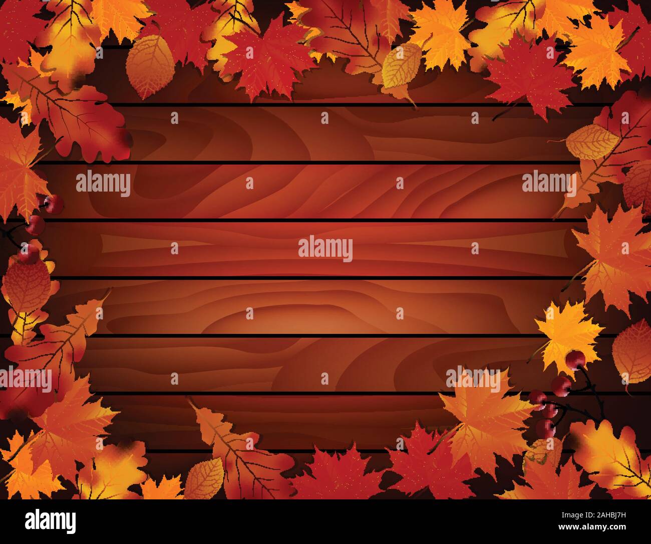 Grunge sfondo con doghe in legno Foglie di autunno Illustrazione Vettoriale