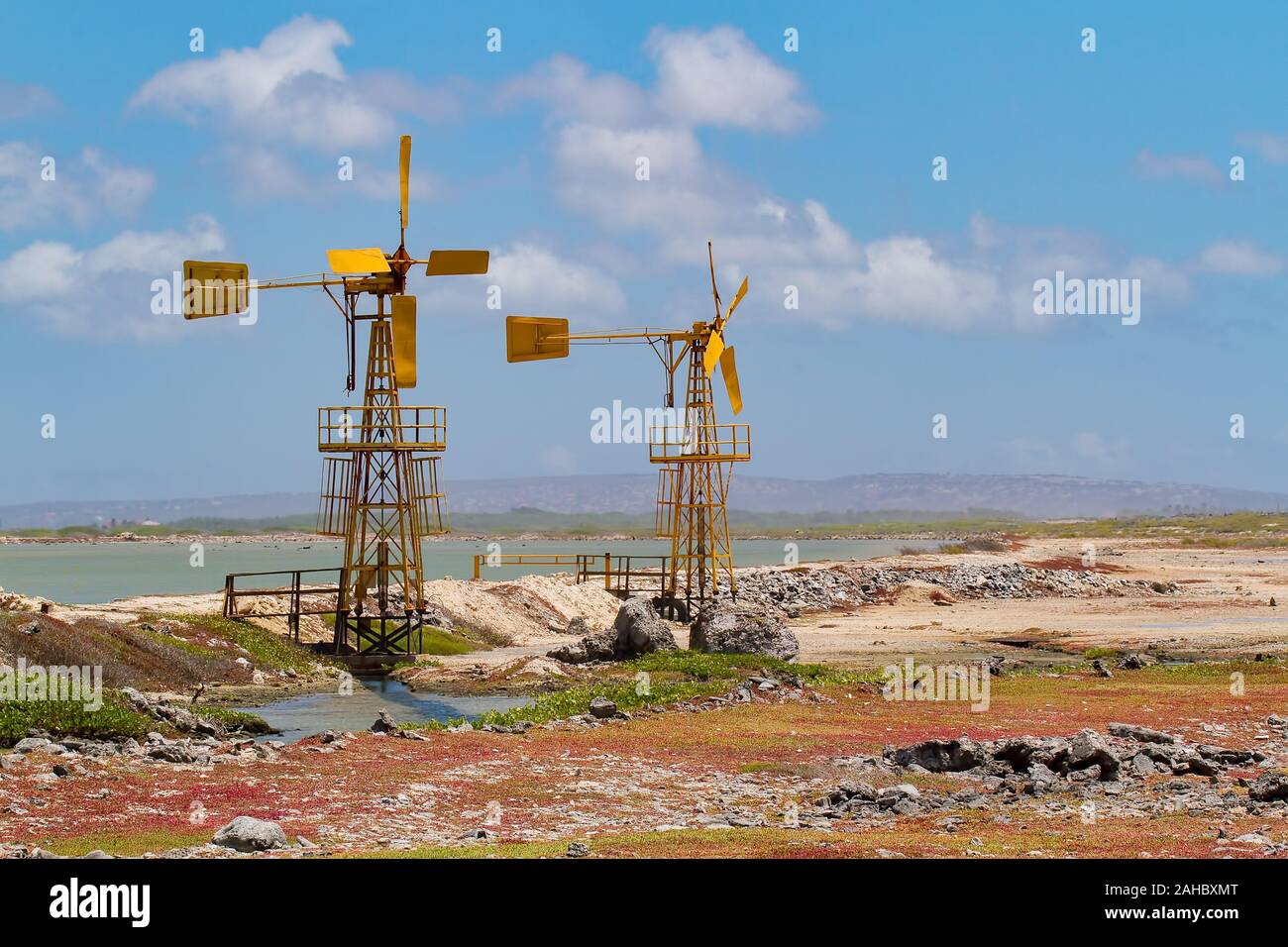 Due mulini a vento giallo per estrazione del sale in prossimità di acqua su isola di Bonaire Foto Stock