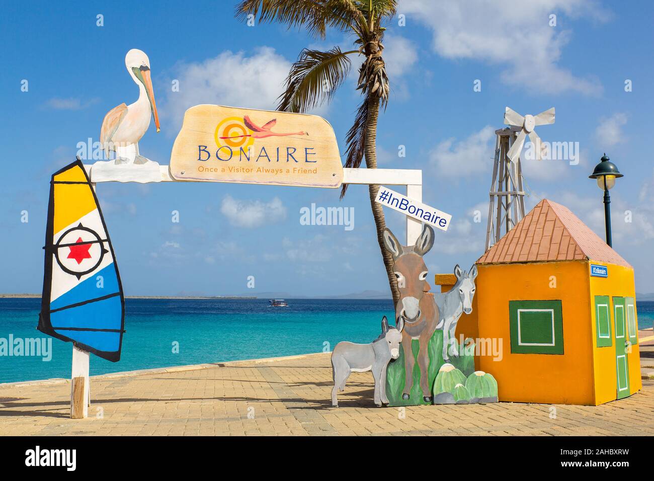 Benvenuti foto spot come destinazione di viaggio a costa su isola di Bonaire Foto Stock