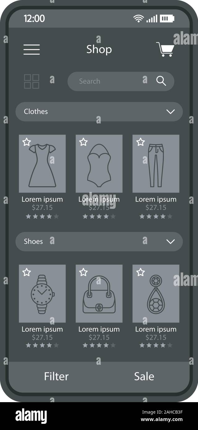 Online shopping moda app interfaccia dello smartphone template vettoriale.  Abbigliamento internet shop. Mobile Pagina applicazione di progettazione  del layout. Abbigliamento e accessori Immagine e Vettoriale - Alamy