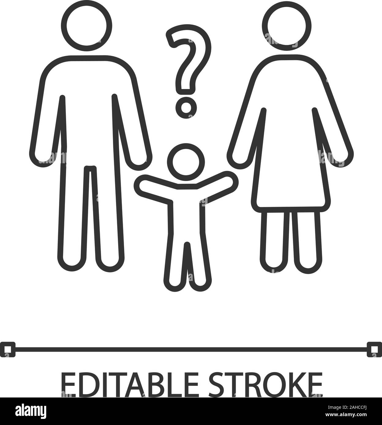 Valutazione di custodia del bambino icona lineare. Linea sottile illustrazione. I genitori a risolvere i problemi. Famiglia confuso. Bambino chiedendo perché i. Simbolo di contorno. Vector isol Illustrazione Vettoriale