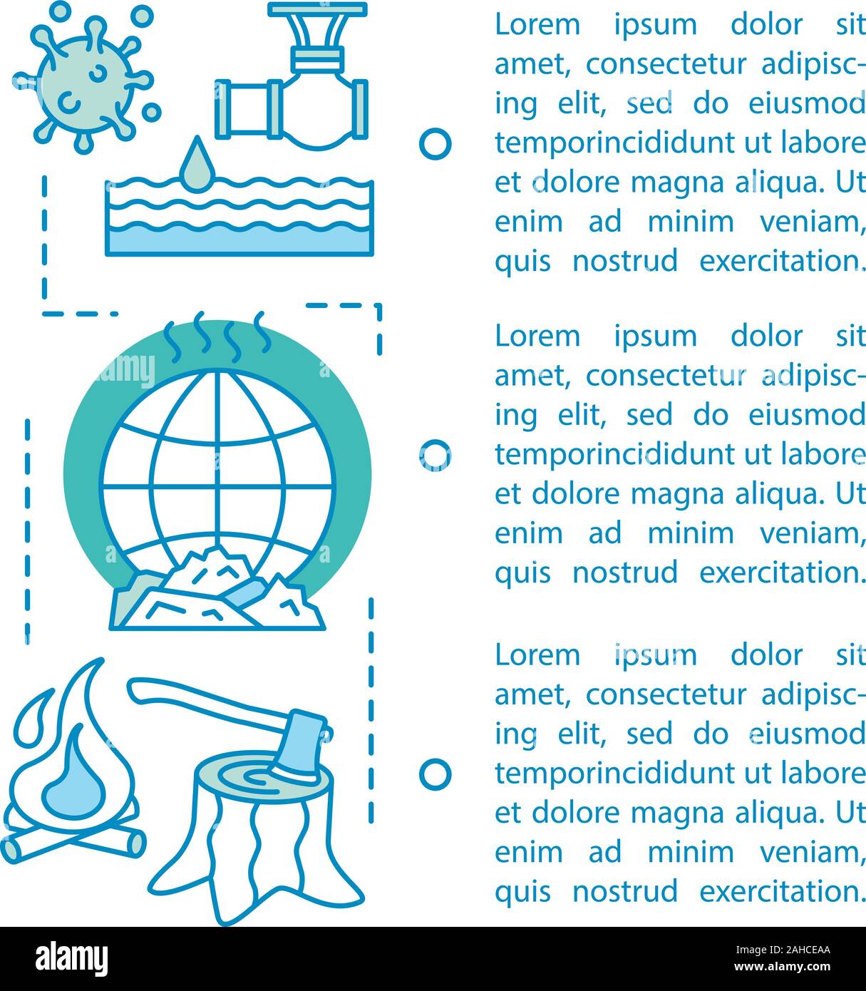 Questioni ambientali articolo pagina template vettoriale. I problemi globali. Brochure, rivista, opuscolo elemento di design con le caselle di testo. Pianeta risparmiando. Defores Illustrazione Vettoriale
