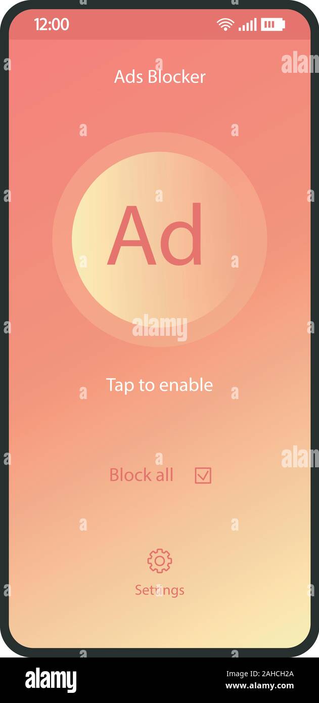 Annunci blocker app interfaccia dello smartphone template vettoriale.  Mobile Pagina utilità coral il layout di progettazione. Adblock schermata  dell'applicazione. Disattivare plugin annuncio flat Immagine e Vettoriale -  Alamy