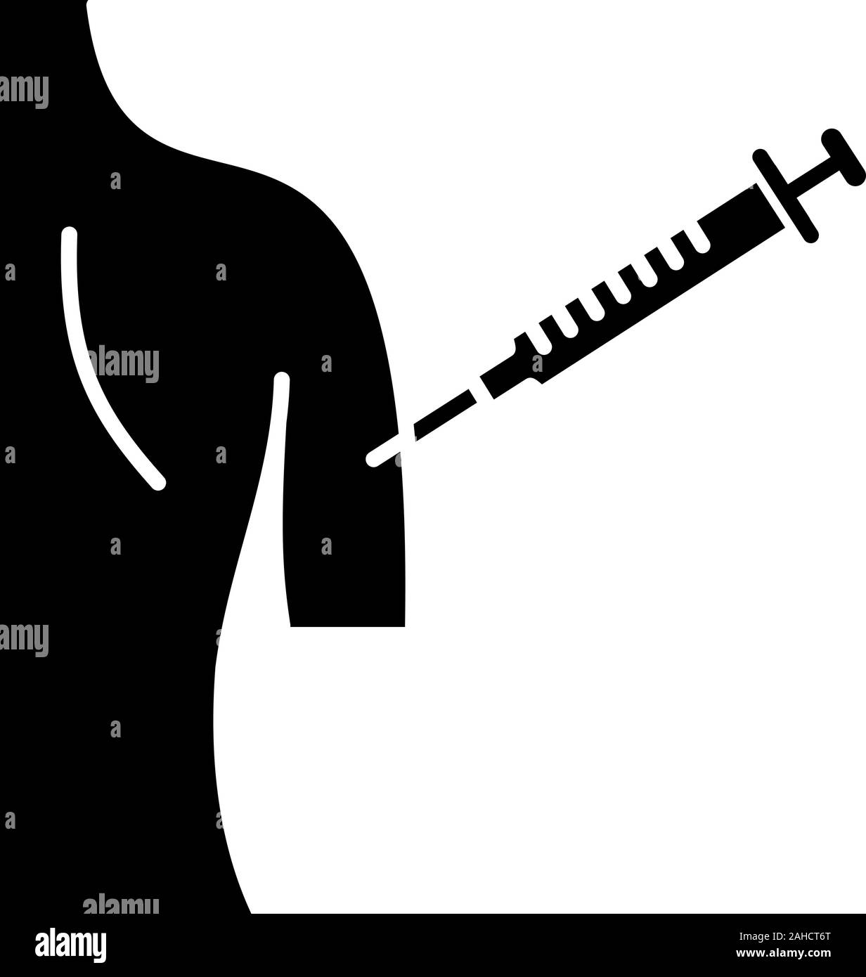 Vaccinazione icona glyph. Simbolo di Silhouette. Vaccino antinfluenzale. La poliomielite, il vaccino del morbillo. Le donne del braccio dell'iniezione. La immunizzazione. Tetano procedura. Negativo Illustrazione Vettoriale